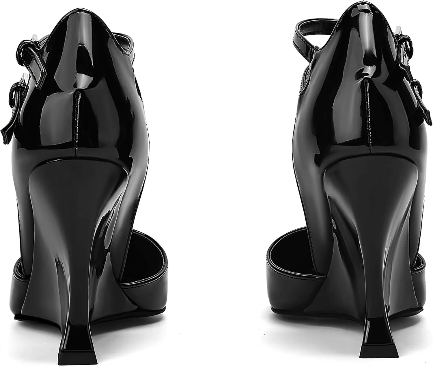 Closed Pointed Toe Wedge High Heels Pumps for Women Double Ankle Buckle Strap Patent Leather Sandals Fashion Wedding Bride Shoes