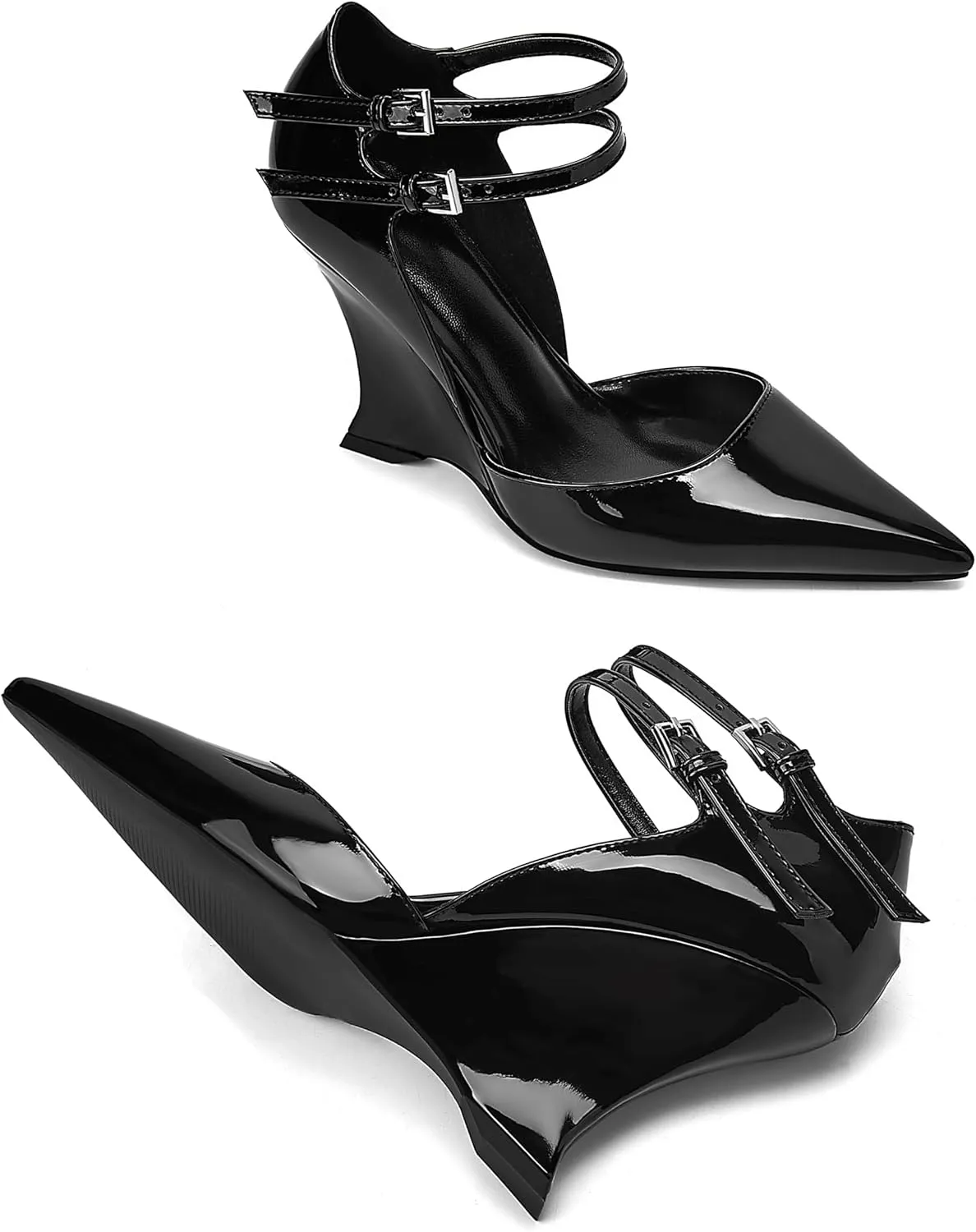 Closed Pointed Toe Wedge High Heels Pumps for Women Double Ankle Buckle Strap Patent Leather Sandals Fashion Wedding Bride Shoes