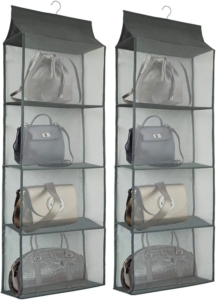 Closet Handbag Purse Holder, Space Saving Hanging Handbag Storage Tote Bag Organizer Holder with 4 Large Heavy-Duty Mesh Shelves for Wardrobe Closet(Pack of 2 Gray)