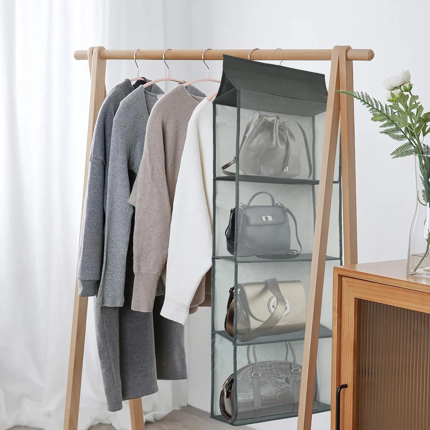 Closet Handbag Purse Holder, Space Saving Hanging Handbag Storage Tote Bag Organizer Holder with 4 Large Heavy-Duty Mesh Shelves for Wardrobe Closet(Pack of 2 Gray)