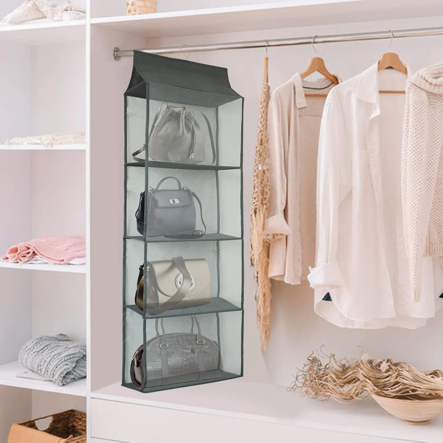 Closet Handbag Purse Holder, Space Saving Hanging Handbag Storage Tote Bag Organizer Holder with 4 Large Heavy-Duty Mesh Shelves for Wardrobe Closet(Pack of 2 Gray)