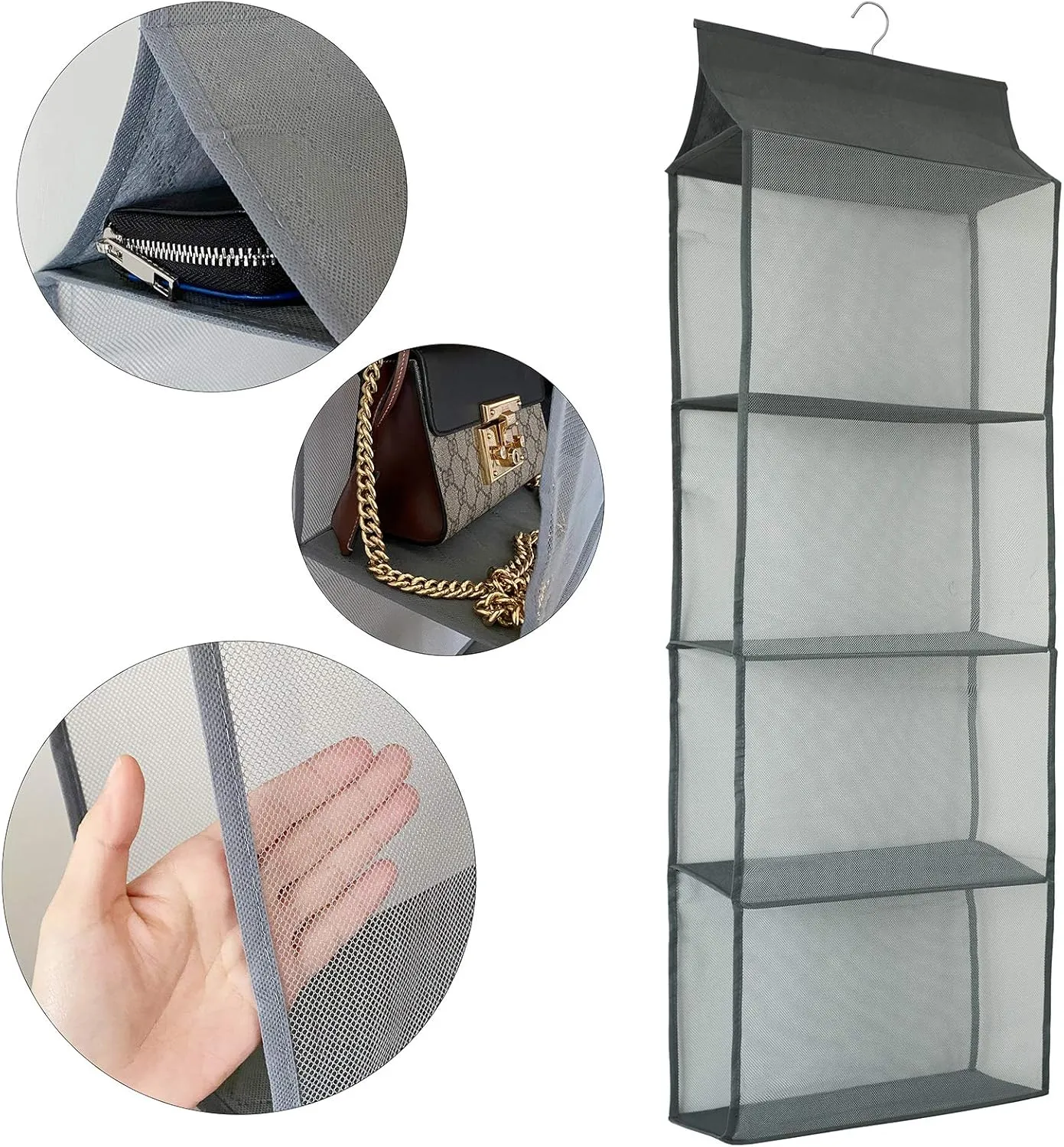 Closet Handbag Purse Holder, Space Saving Hanging Handbag Storage Tote Bag Organizer Holder with 4 Large Heavy-Duty Mesh Shelves for Wardrobe Closet(Pack of 2 Gray)