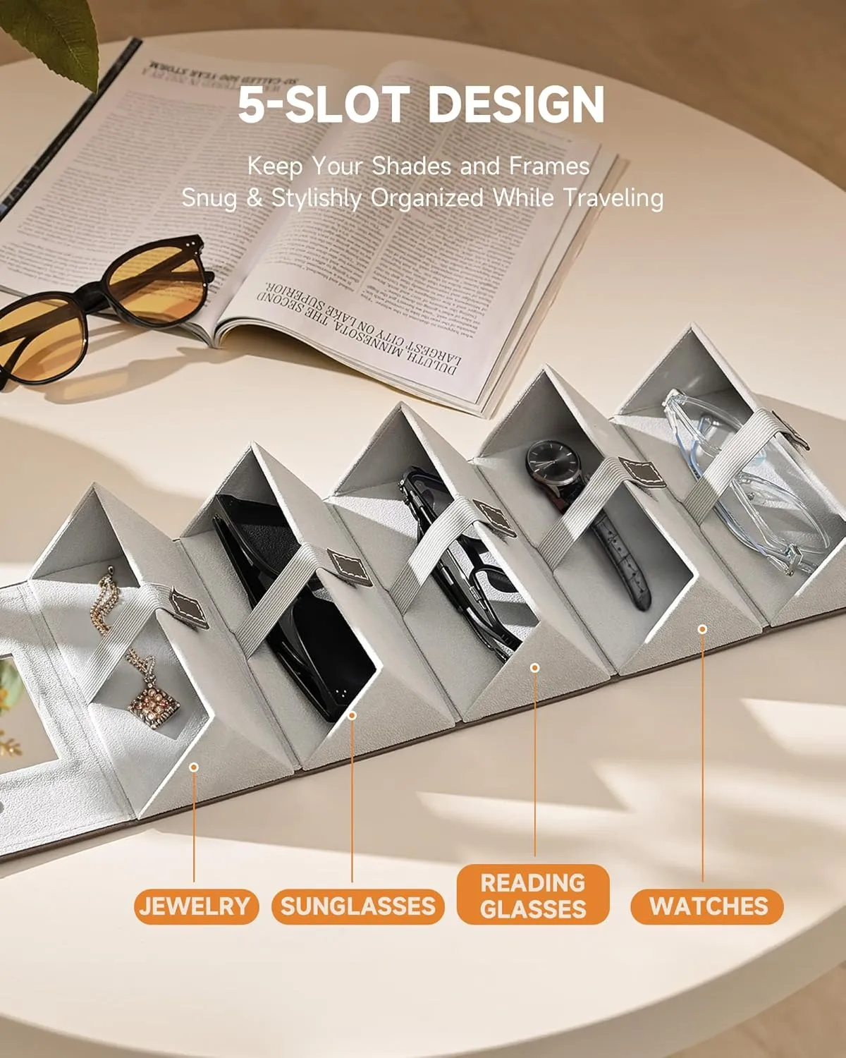 CO-Z Travel Sunglasses Organizer, Foldable Travel Sunglass Case with 5 Slots for Multiple Pairs, Portable Eyeglasses Holder