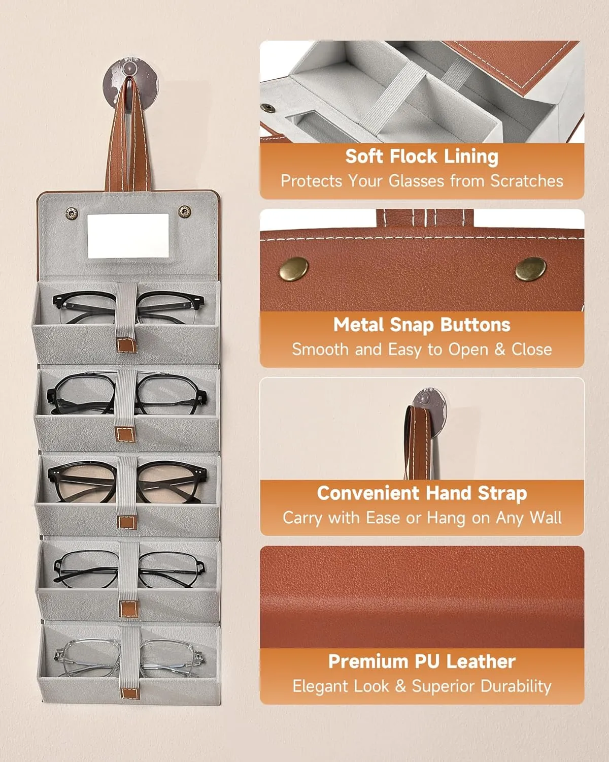 CO-Z Travel Sunglasses Organizer, Foldable Travel Sunglass Case with 5 Slots for Multiple Pairs, Portable Eyeglasses Holder
