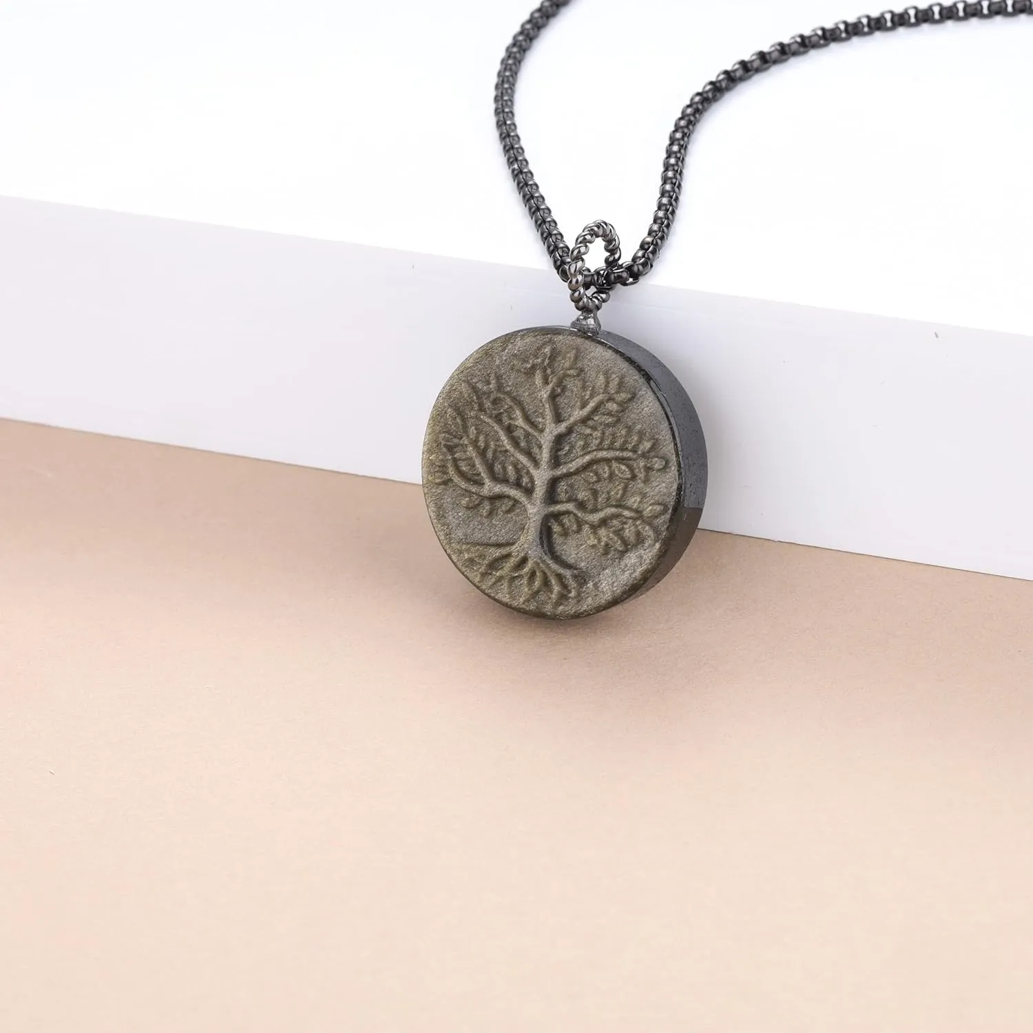 COAI Tree of Life Necklace for Men Women, Black/Golden Obsidian Pendant Necklace