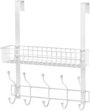 Coat Rack, Over The Door Hanger with Mesh Basket, Detachable Storage Shelf for Towels, Hats, Handbags, Coats (White)