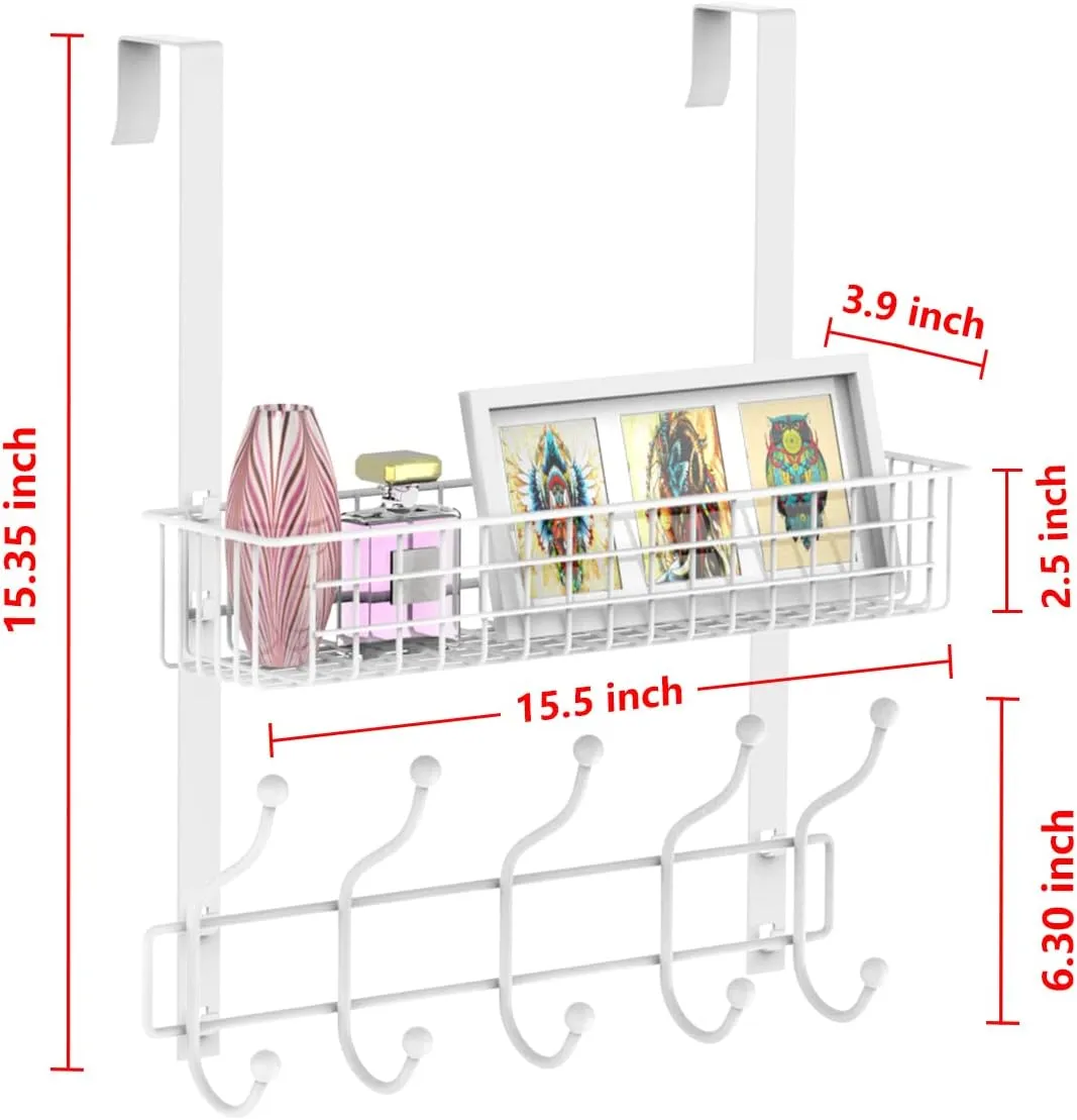 Coat Rack, Over The Door Hanger with Mesh Basket, Detachable Storage Shelf for Towels, Hats, Handbags, Coats (White)