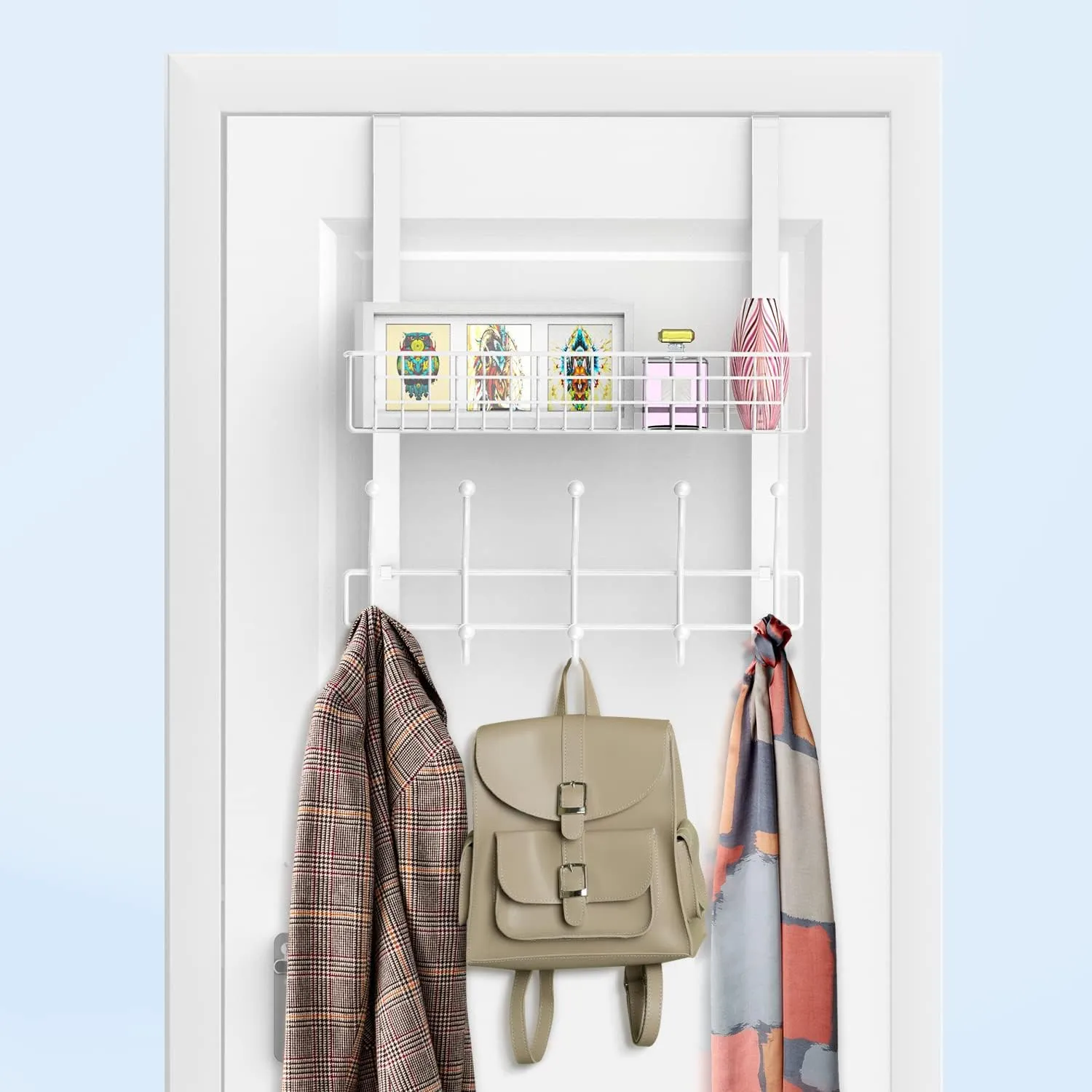 Coat Rack, Over The Door Hanger with Mesh Basket, Detachable Storage Shelf for Towels, Hats, Handbags, Coats (White)