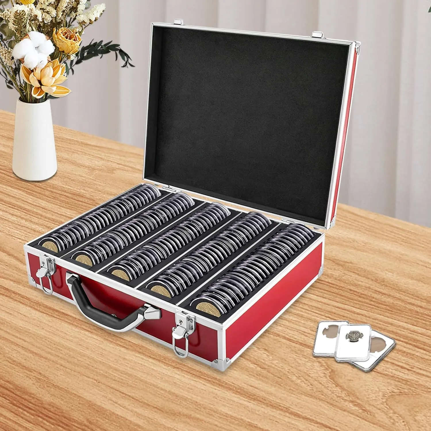 Coin Storage Box,100 Graded Coin Slab Storage Box Coin Trays for PCGS, NGC & More, Coin Holder Display Case, Coin Collection Supplies (Red)