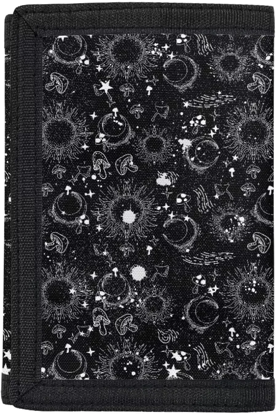 Coldinair Moon Sun Kids Wallet Nylon Trifold Wallets Coin Bag for Boys, RFID Trifold Canvas Purse Handbag Outdoor Sports Wallet for Travel, Black