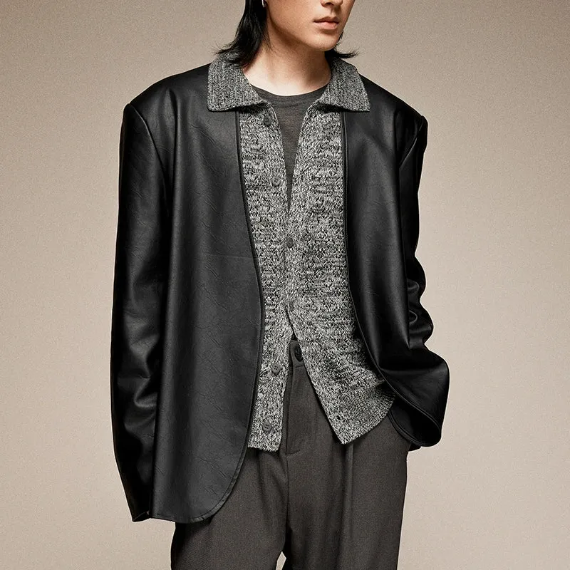 Collarless Faux Leather Jacket