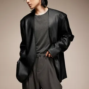 Collarless Faux Leather Jacket