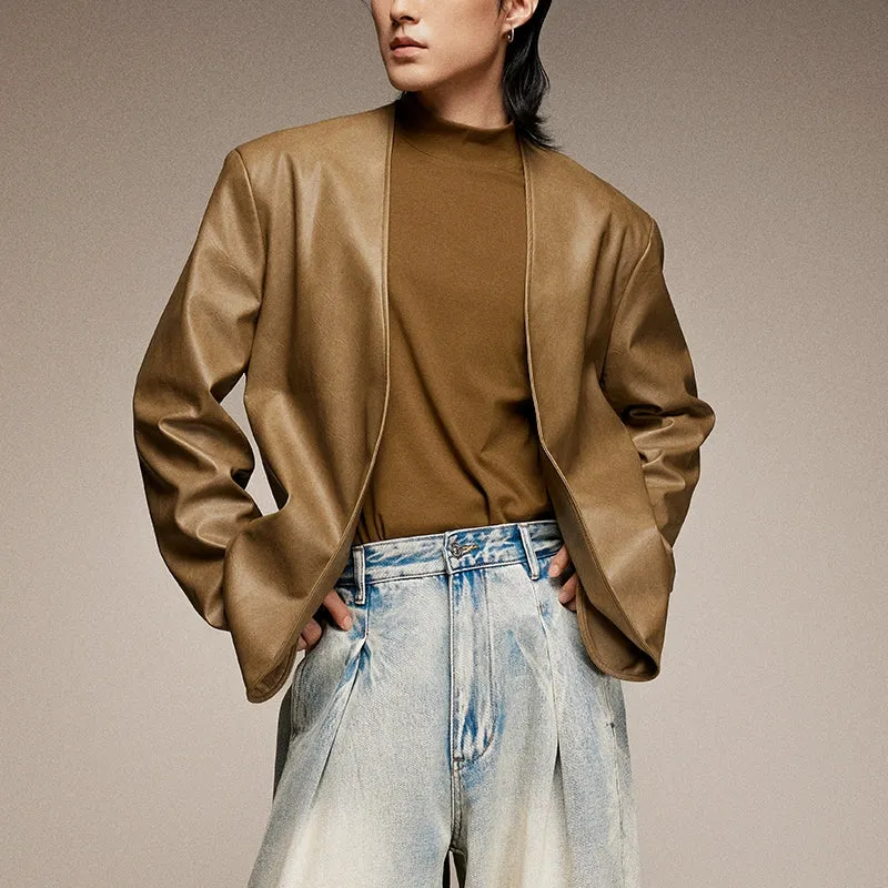 Collarless Faux Leather Jacket