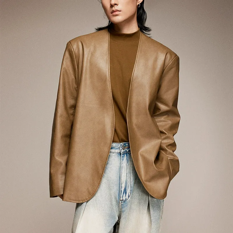 Collarless Faux Leather Jacket