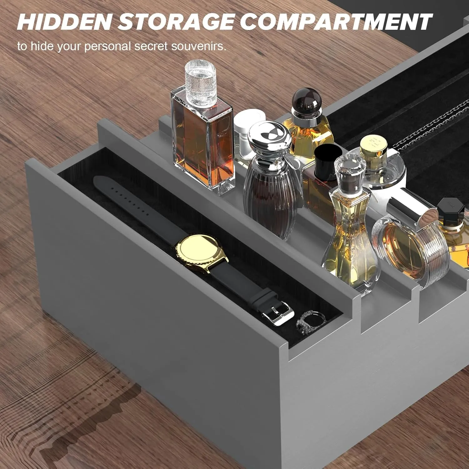 Cologne Organizer for Men, 4 Tier Grey Wood Perfume Organizer with Felt Lining Drawer and Hidden Compartment, Perfume Display Holder, A Gift for Men