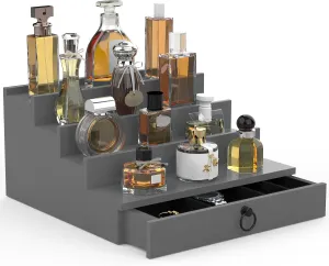 Cologne Organizer for Men, 4 Tier Grey Wood Perfume Organizer with Felt Lining Drawer and Hidden Compartment, Perfume Display Holder, A Gift for Men