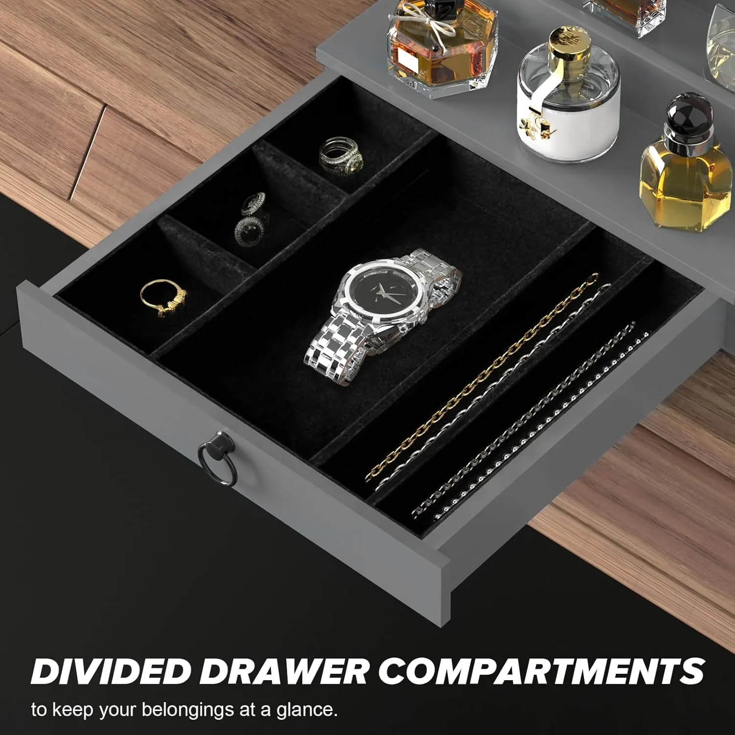 Cologne Organizer for Men, 4 Tier Grey Wood Perfume Organizer with Felt Lining Drawer and Hidden Compartment, Perfume Display Holder, A Gift for Men