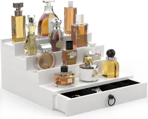 Cologne Organizer for Men, 4 Tier White Wood Perfume Organizer with Felt Lining Drawer and Hidden Compartment, Perfume Display Holder, A Gift for Men