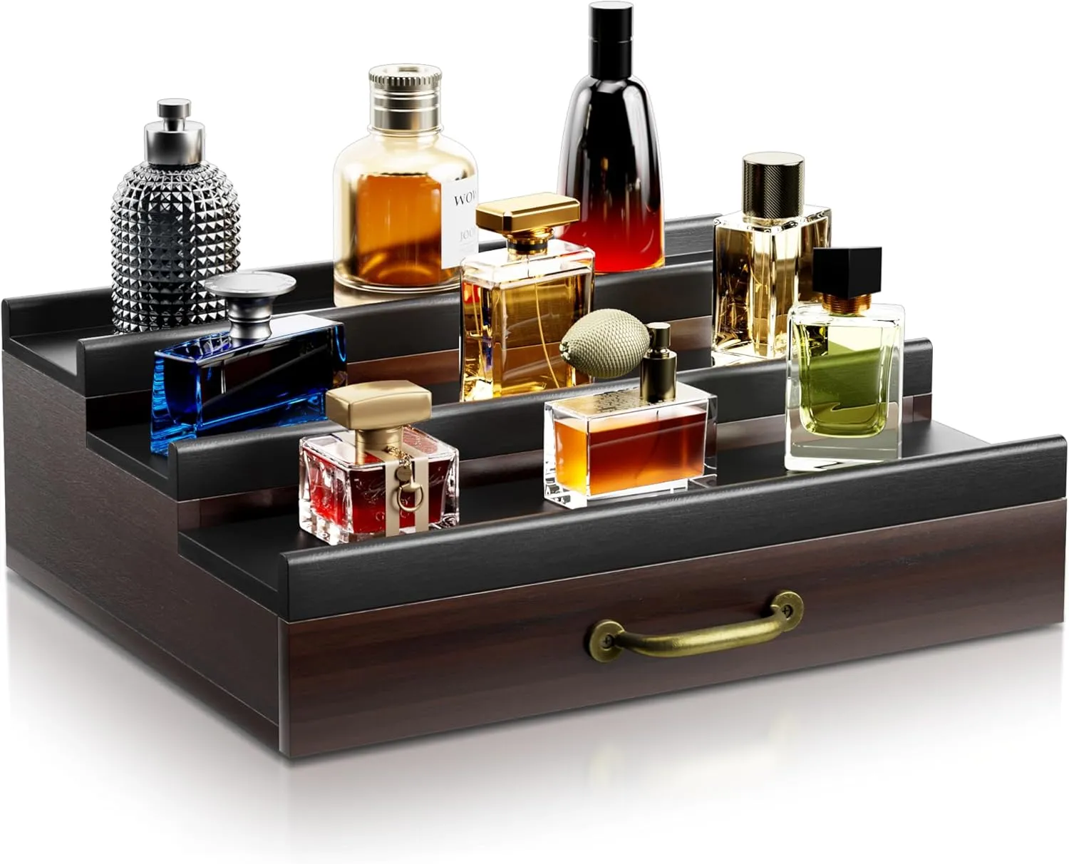 Cologne Organizer for Men,Wooden Perfume Organizer with Hidden Compartment and Drawer,Cologne Stand and Storage Display Risers for Dresser,Great Gift for Men/Friend（DarkBrown）