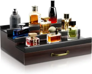 Cologne Organizer for Men,Wooden Perfume Organizer with Hidden Compartment and Drawer,Cologne Stand and Storage Display Risers for Dresser,Great Gift for Men/Friend（DarkBrown）