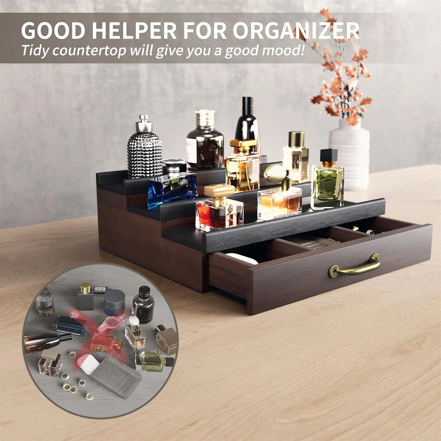 Cologne Organizer for Men,Wooden Perfume Organizer with Hidden Compartment and Drawer,Cologne Stand and Storage Display Risers for Dresser,Great Gift for Men/Friend（DarkBrown）
