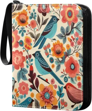 Colorful Birds Card Binder 4-Pocket, 400 Pockets PU Waterproof Zippered Collector Card Album with 50 Removable Sleeves for Trading, Game Cards