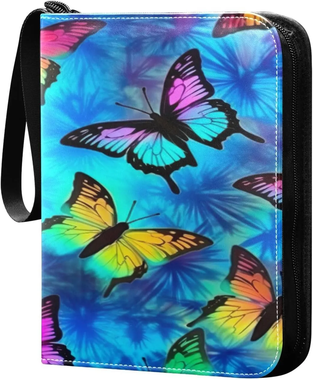 Colorful Butterflies Card Binder 4-Pocket, 400 Pockets PU Waterproof Zippered Collector Card Album with 50 Removable Sleeves for Trading, Game Cards