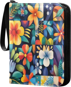 Colorful Flowers Card Binder 4-Pocket, 400 Pockets PU Waterproof Zippered Collector Card Album with 50 Removable Sleeves for Trading, Game Cards