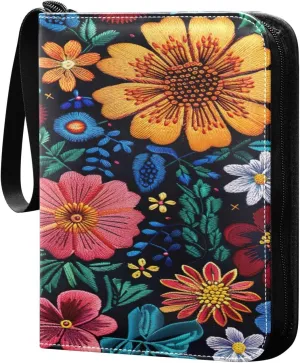 Colorful Flowers Collectible Trading Card Albums,4-Pocket Card Binder with 50 Removable Sleeves with Zipper Game Card Collection Binder Album Holder