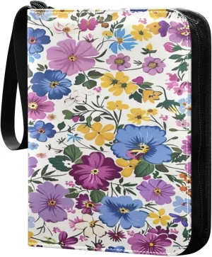 Colorful Watercolor Flowers Card Binder 4-Pocket, 400 Pockets PU Waterproof Zippered Collector Card Album with 50 Removable Sleeves for Trading, Game Cards