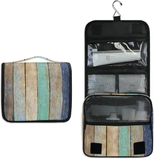Colorful Wooden Plank Vintage Hardwood Concept Hanging Wash Gargle Toiletry Bag Travel Cosmetic Makeup Case Organizer Storage Large Portable