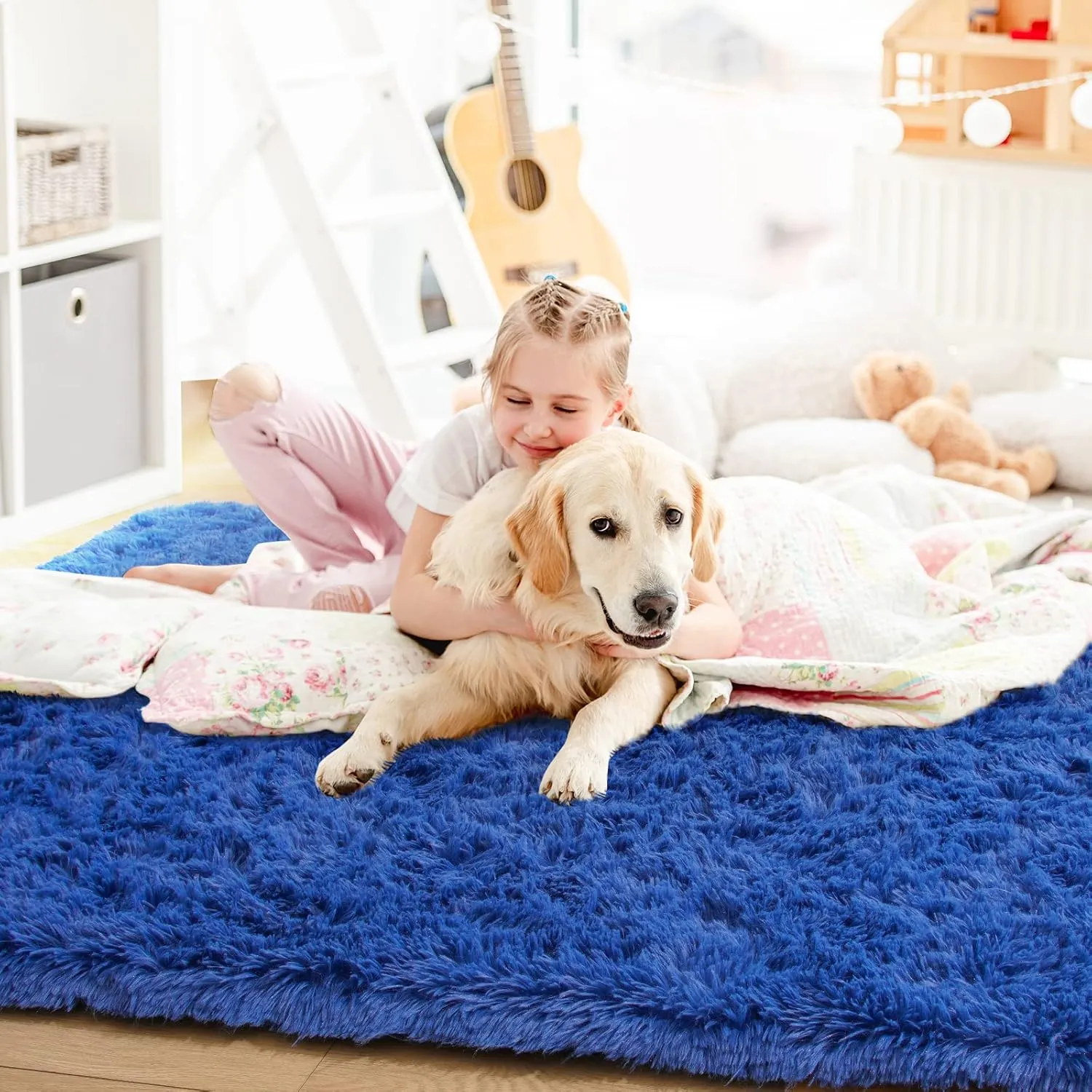 Comeet Runner Rugs for Bedroom, No Slip Plush Fluffy Rugs, Indoor Floor Living Room Carpet for Kids Girls Boys Teen Nursery Home Decor Aesthetic, Nursery, 5 x 8 Feet Navy Blue