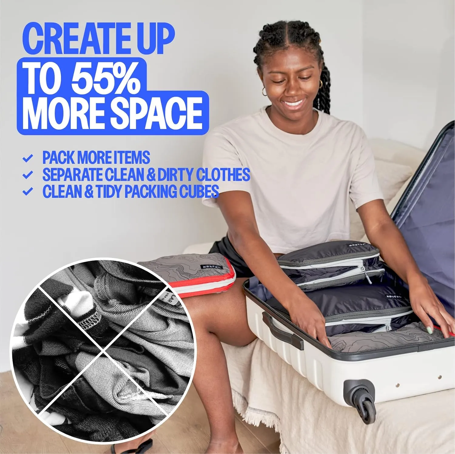 Compression Packing Cubes - 2 Pack Clean Dirty Separate Zipper - Luggage & Suitcase Organizer Travel Cube, Large Small Laundry Compartment Organizers for Clothes, Shoes Makeup