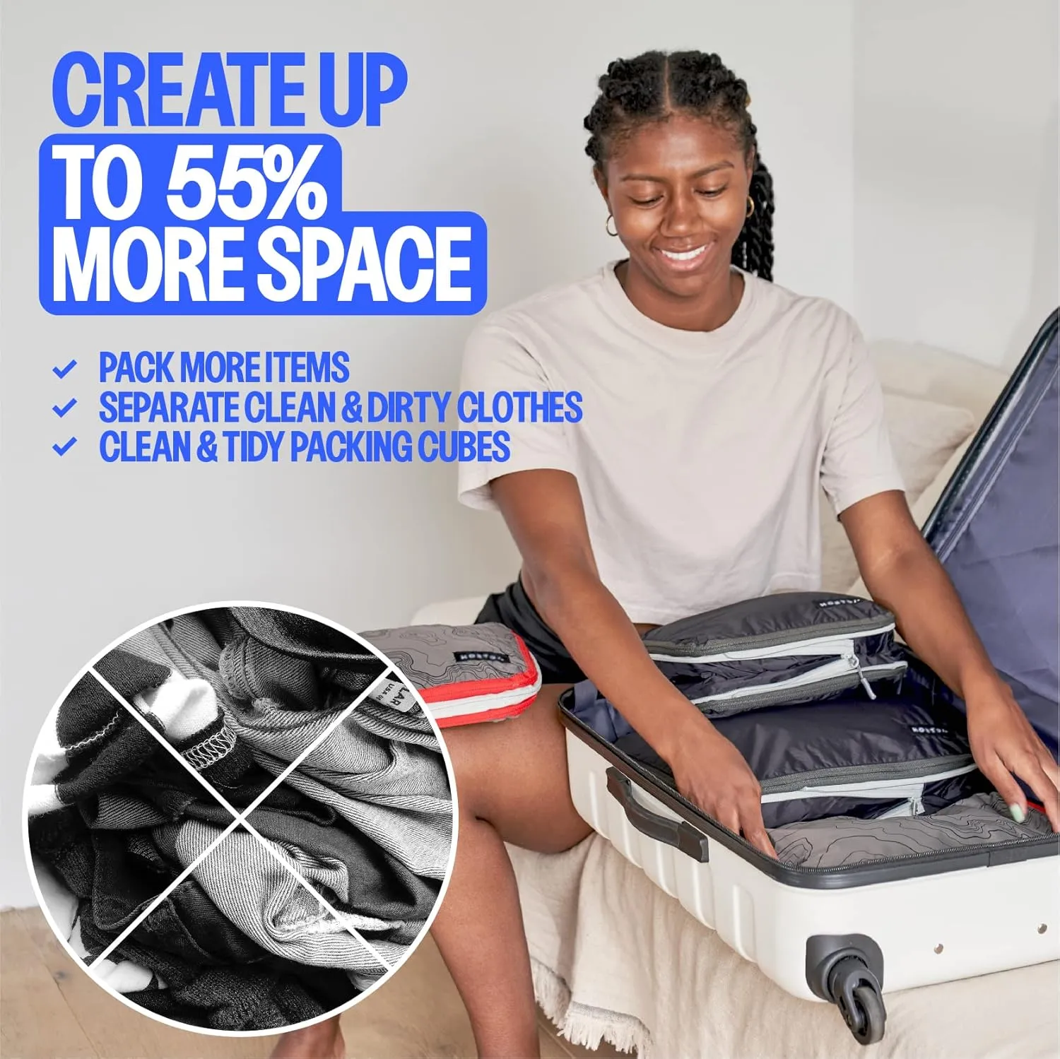 Compression Packing Cubes - 2 Pack Clean Dirty Separate Zipper - Luggage & Suitcase Organizer Travel Cube, Large Small Laundry Compartment Organizers for Clothes, Shoes Makeup