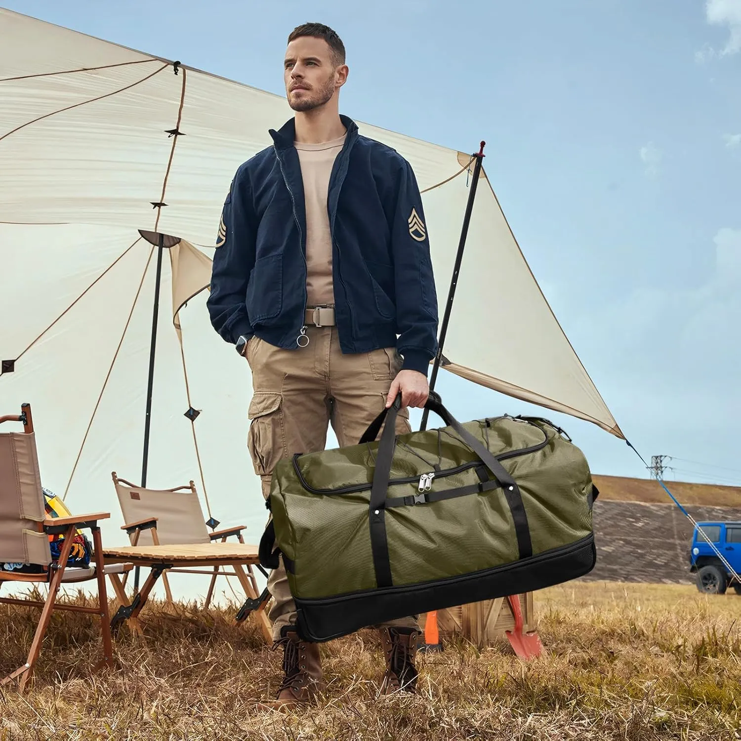 CONTAIL 32" Soft-Sided Rolling Duffle Bag with 2 Wheels,Expandable from 110L to 140L,Foldable Travel Duffel with Multiple Compartments,Army Green