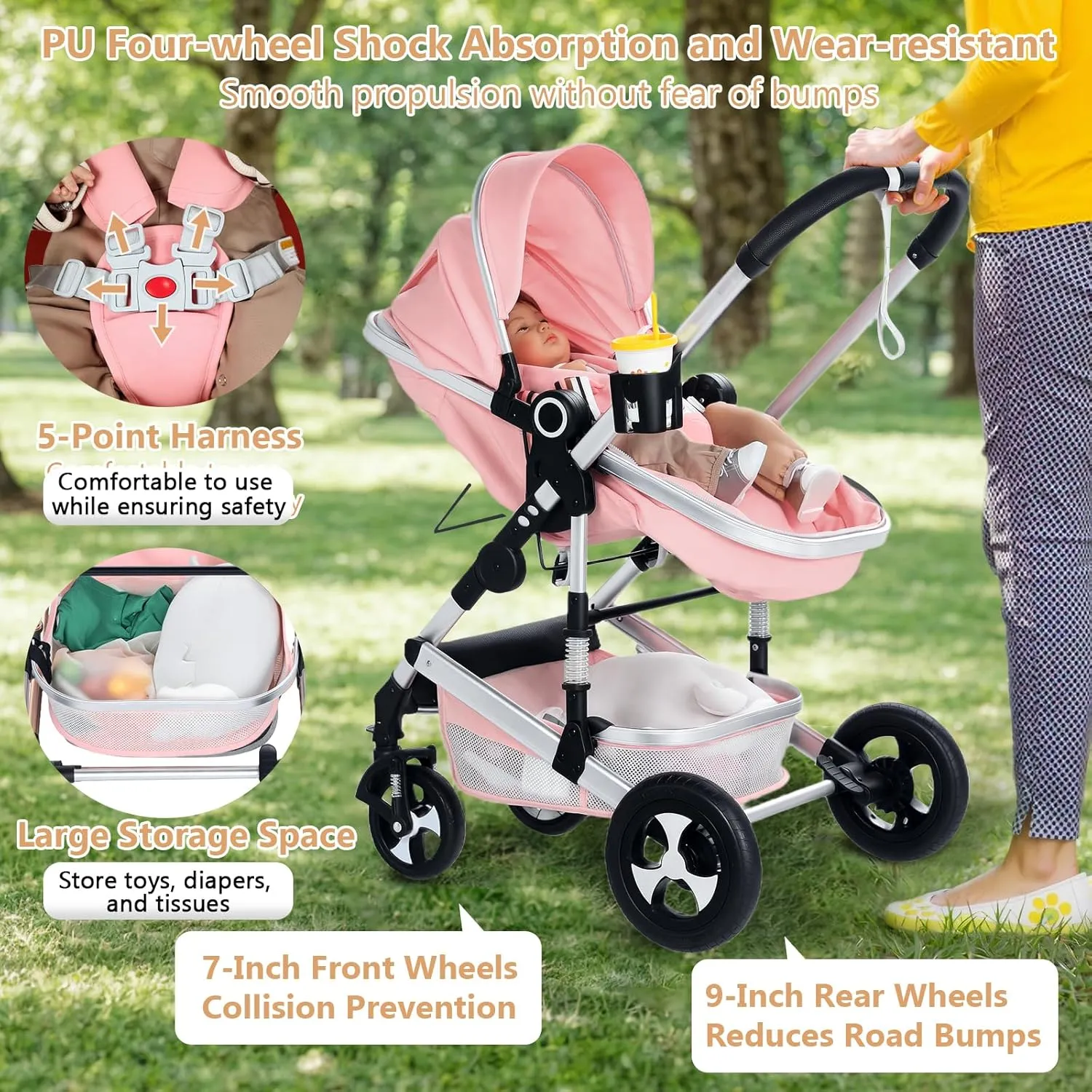 Convertible Baby Stroller, 3 in 1 Folding Infant Stroller, High Landscape Pushchair w/Adjustable Backrest & Canopy, Newborn Bassinet Pram with Foot Cover, Storage Basket, Pink