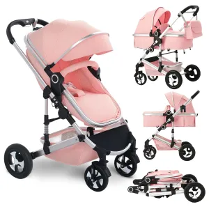 Convertible Baby Stroller, 3 in 1 Folding Infant Stroller, High Landscape Pushchair w/Adjustable Backrest & Canopy, Newborn Bassinet Pram with Foot Cover, Storage Basket, Pink