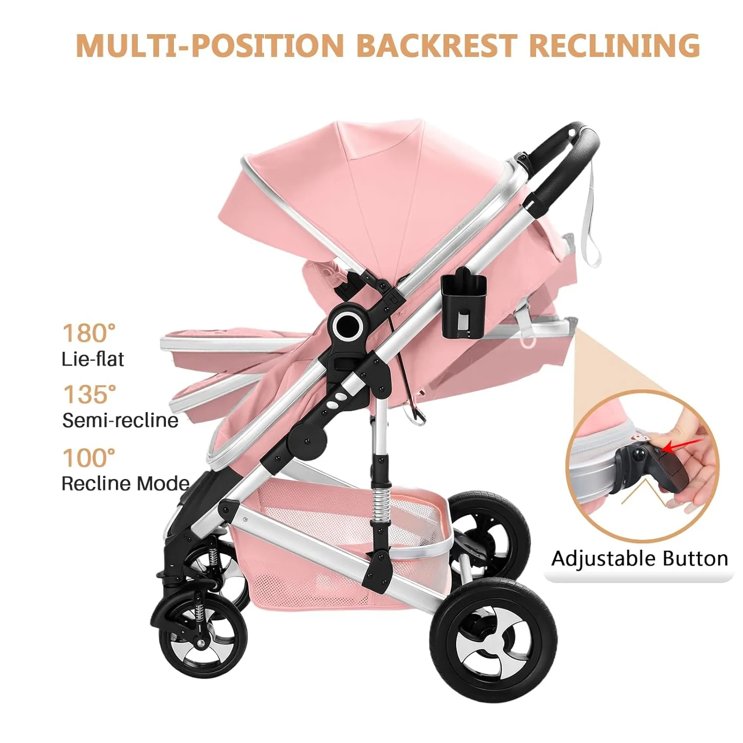 Convertible Baby Stroller, 3 in 1 Folding Infant Stroller, High Landscape Pushchair w/Adjustable Backrest & Canopy, Newborn Bassinet Pram with Foot Cover, Storage Basket, Pink
