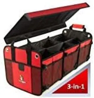 Convertible Large 3 Compartment SUV Trunk Organizer | Truck Bed for Trucks, Cars, SUVs (4-in-1 with Cover, Red)
