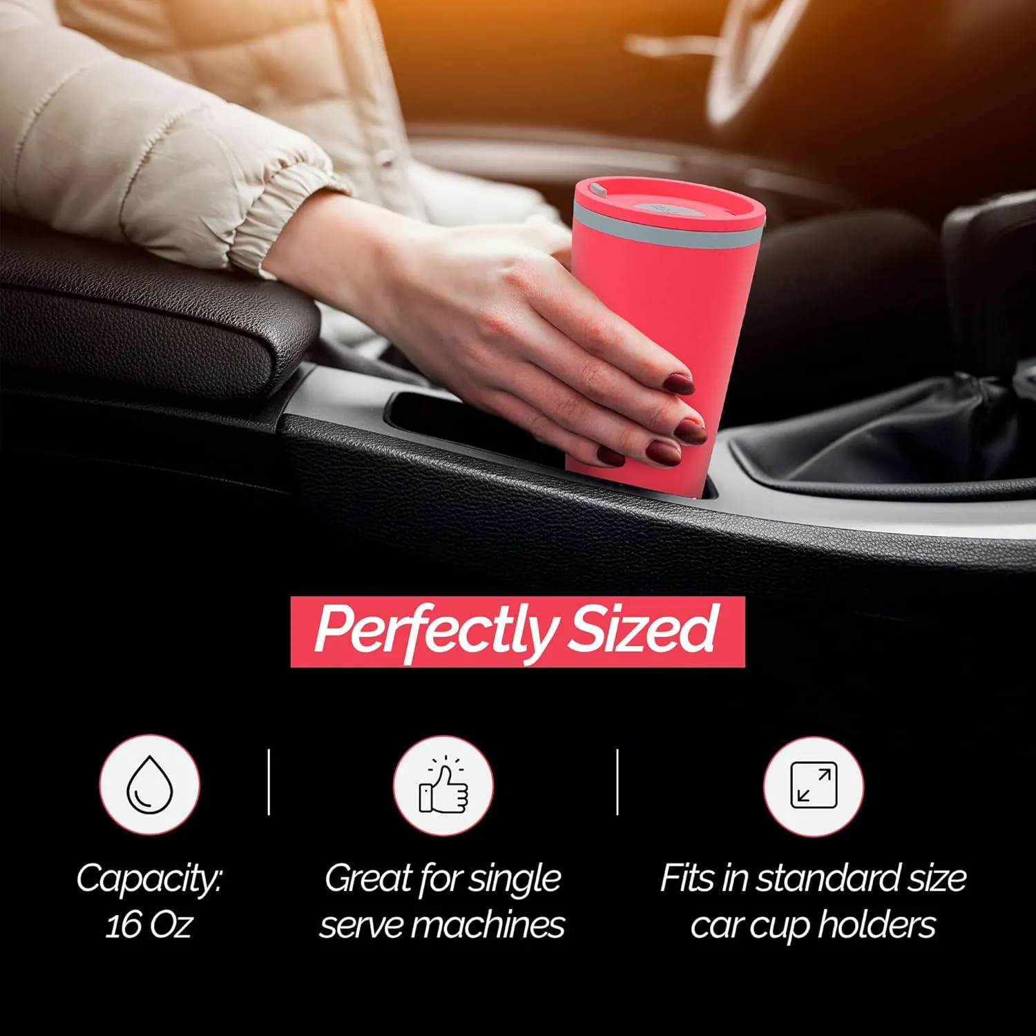 Copco Cone 16oz Insulated Travel Mug with Handle, Double Wall, Slide-Closure Lid, BPA-Free, Microwave & Dishwasher Safe, Reusable Plastic Travel Coffee Tumbler - Portable Coffee Cup (Coral Red)