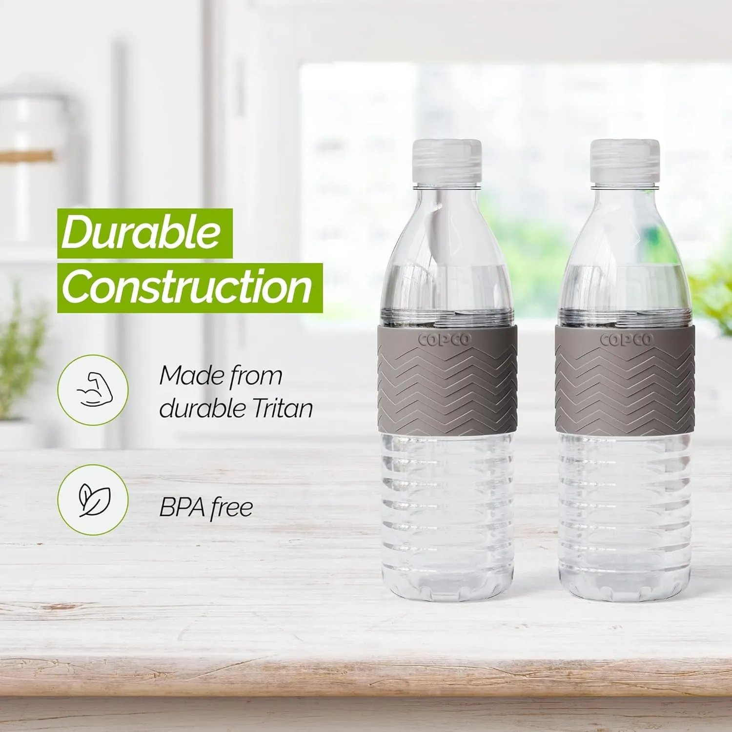 Copco Hydra Water Bottle with Spill-Resistant Lid, 16.9 oz (Set of 2) - Reusable Tritan Non-Slip Sleeve, Twist-Open Body - BPA-Free, Leak-Proof, Durable & Portable for Gym, Office, School (Gray)