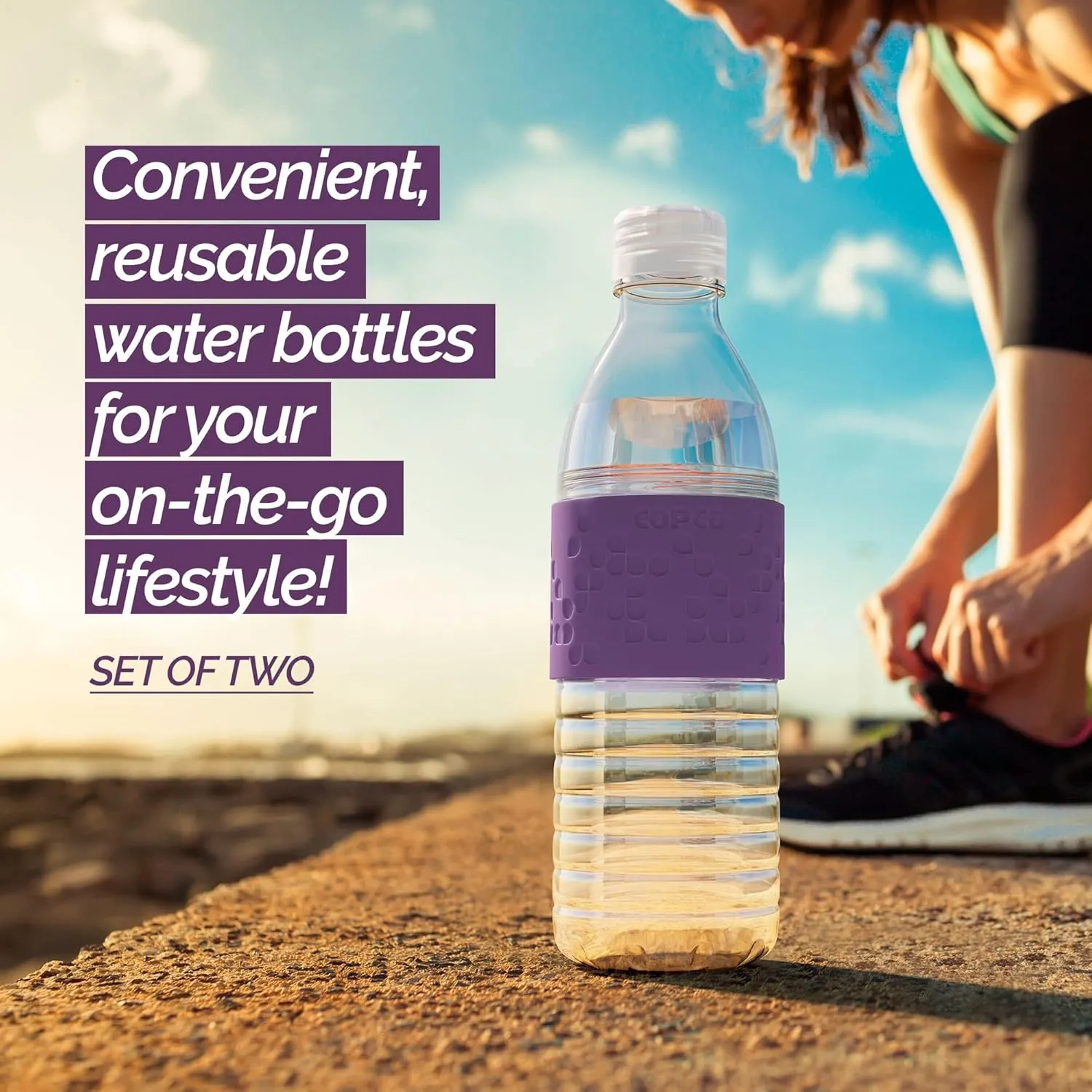 Copco Hydra Water Bottle with Spill-Resistant Lid, 16.9 oz (Set of 2) - Reusable Tritan Non-Slip Sleeve, Twist-Open Body - BPA-Free, Leak-Proof, Durable & Portable for Gym, Office, School (Purple)
