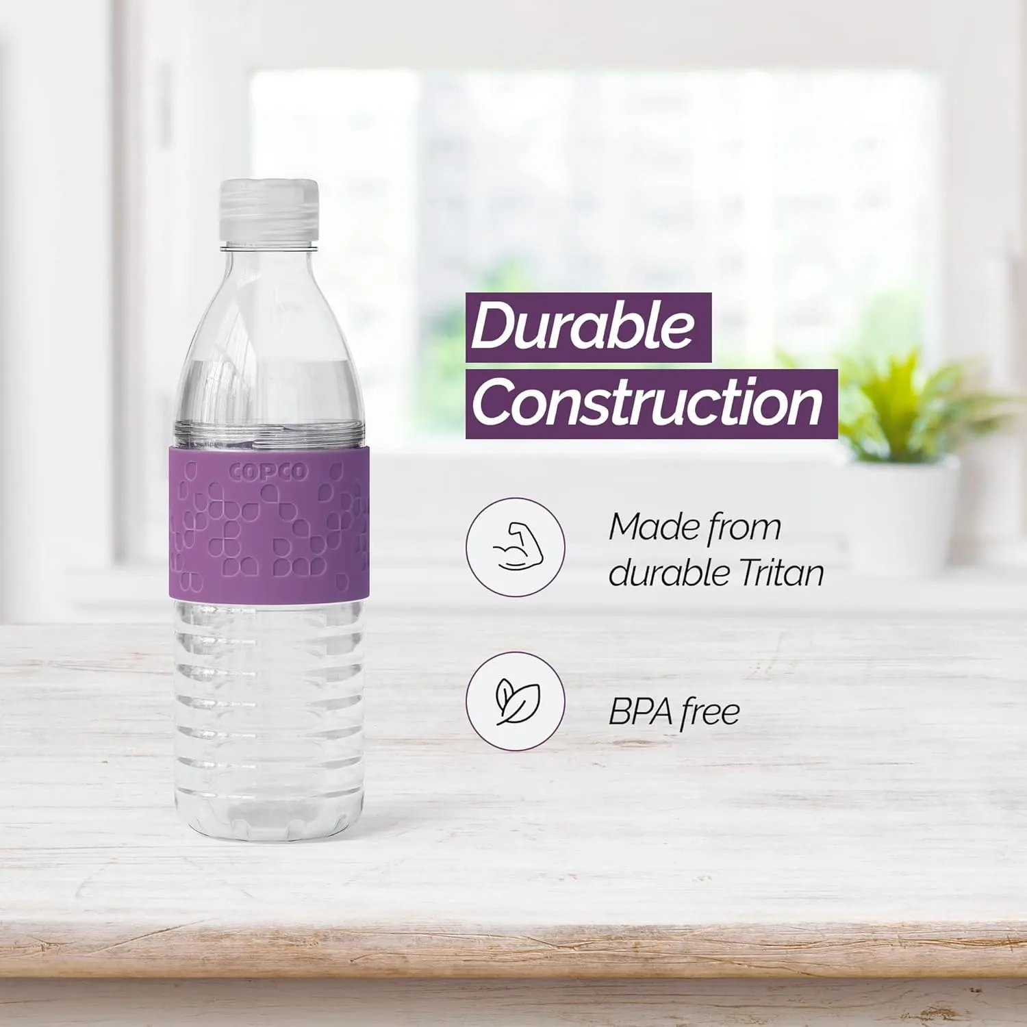 Copco Hydra Water Bottle with Spill-Resistant Lid, 16.9 oz (Set of 2) - Reusable Tritan Non-Slip Sleeve, Twist-Open Body - BPA-Free, Leak-Proof, Durable & Portable for Gym, Office, School (Purple)