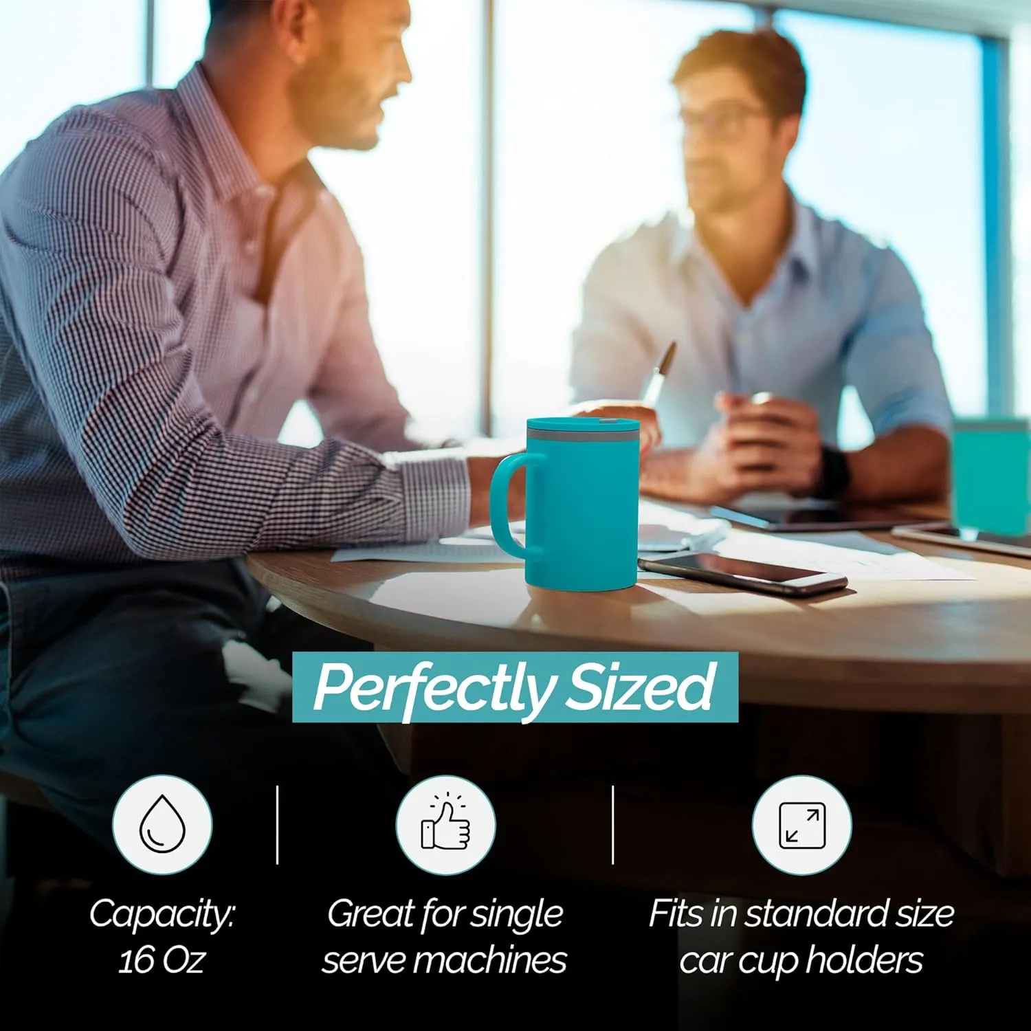 Copco Iconic 16oz Double Wall Insulated Desk Mug with Lid and Handle, Set of 2, BPA-Free Reusable Plastic, Spill-Proof, Microwave & Dishwasher Safe, Wide Mouth, Cup Holder Friendly (Aqua/Mint)