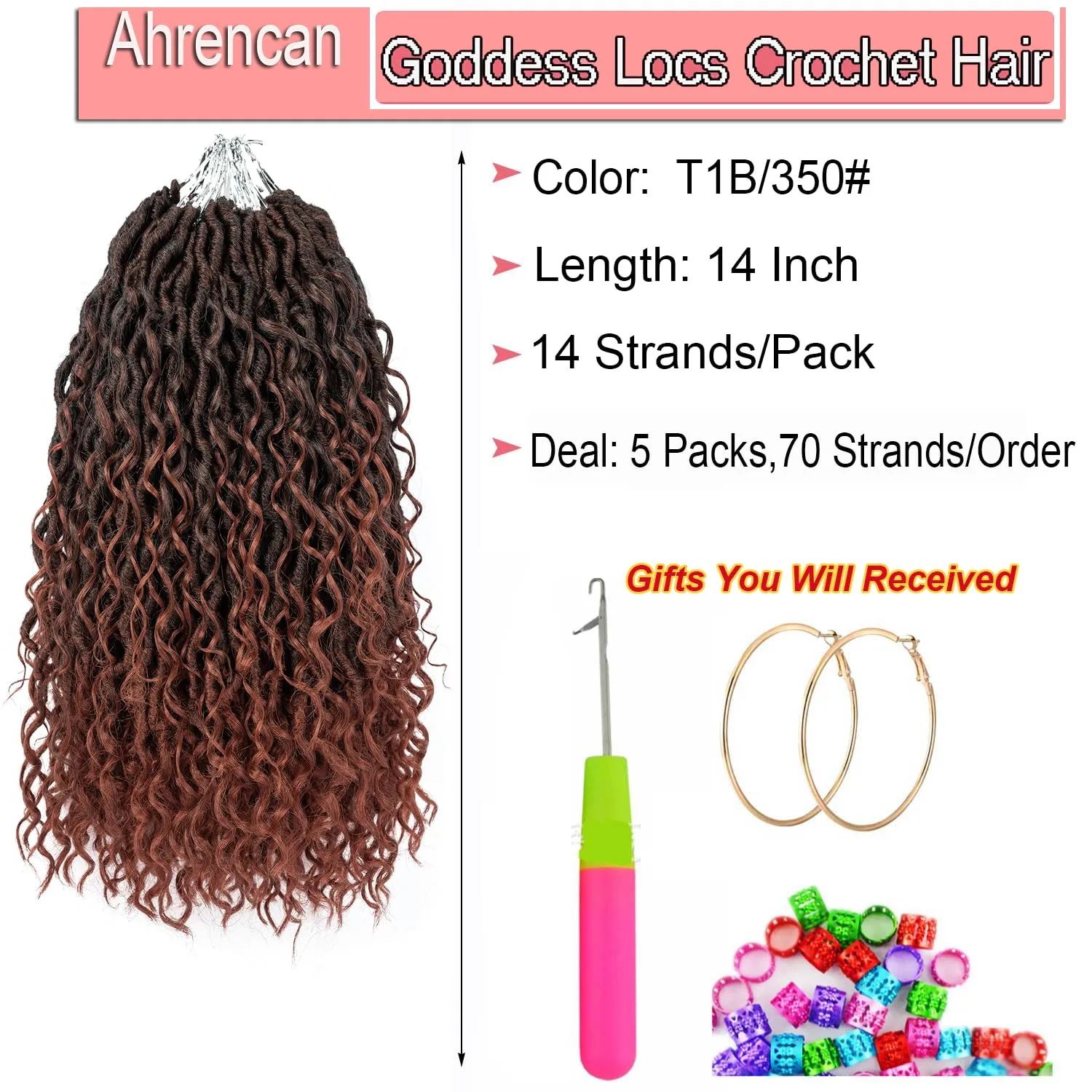 Copper Crochet Goddess Locs,5 Packs 14 Inch Pre looped Boho Goddess Locs Crochet Hair,Faux Locs Crochet Hair With Curly Ends,Hippie Locs Crotchet Hair For Women(14in,5pack T1B/350#)