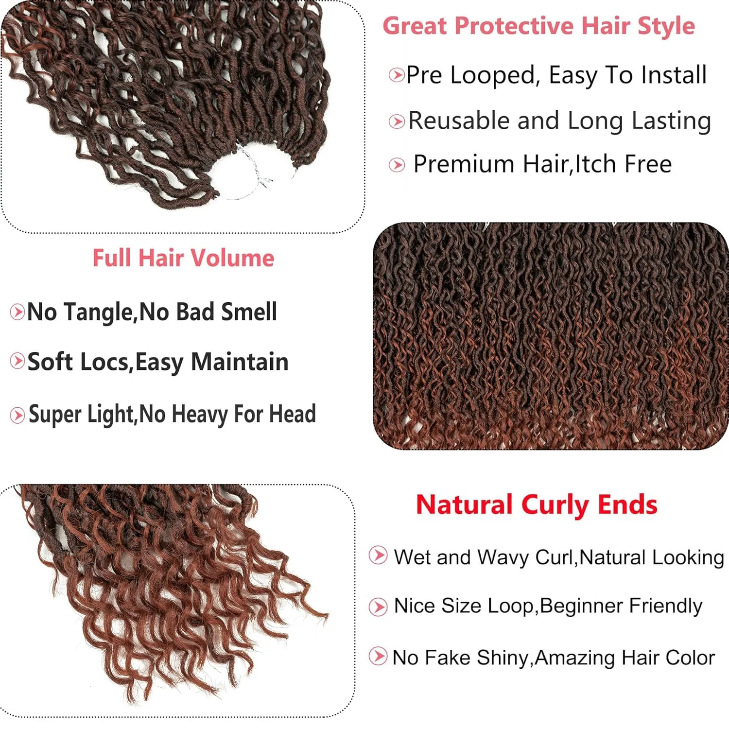 Copper Crochet Goddess Locs,5 Packs 14 Inch Pre looped Boho Goddess Locs Crochet Hair,Faux Locs Crochet Hair With Curly Ends,Hippie Locs Crotchet Hair For Women(14in,5pack T1B/350#)