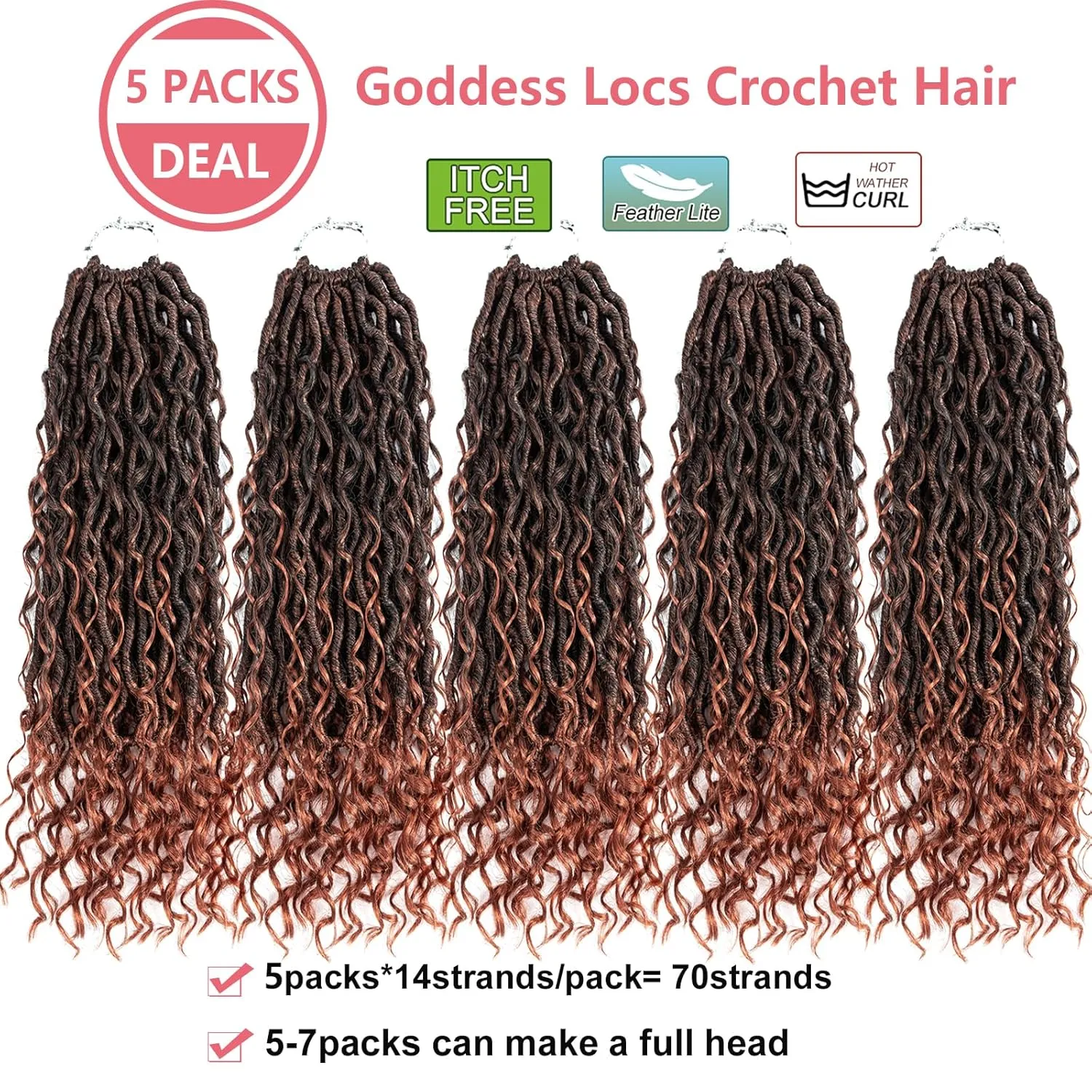 Copper Crochet Goddess Locs,5 Packs 14 Inch Pre looped Boho Goddess Locs Crochet Hair,Faux Locs Crochet Hair With Curly Ends,Hippie Locs Crotchet Hair For Women(14in,5pack T1B/350#)