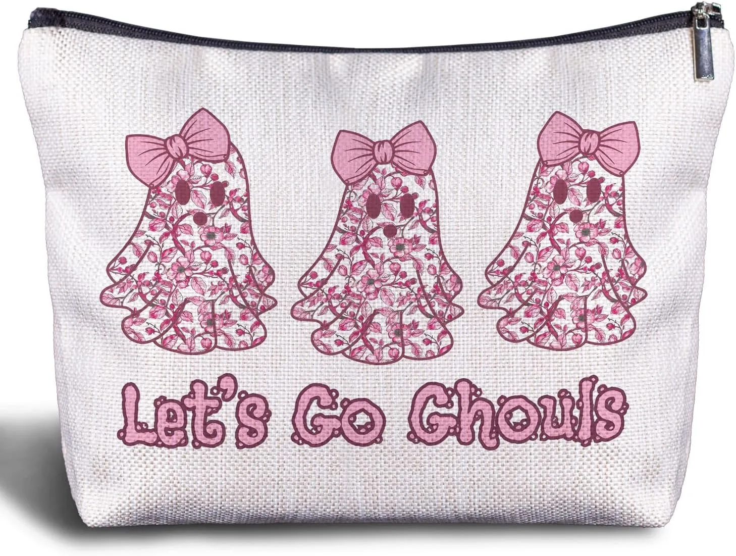 Coquette Halloween Makeup Bag - Pink Bow Ghost Makeup Bag, Halloween Cosmetic Bag, Horror Makeup Bag, Spooky Makeup Bag, Halloween Zipper Pouch for Women, Halloween Gifts for Women