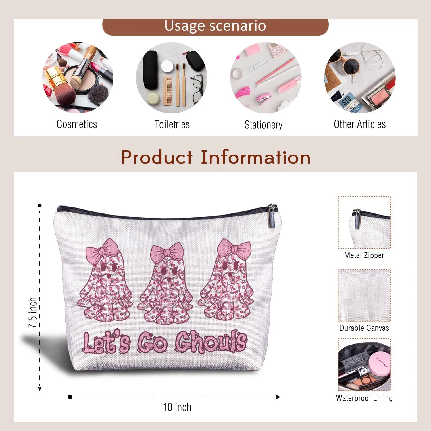 Coquette Halloween Makeup Bag - Pink Bow Ghost Makeup Bag, Halloween Cosmetic Bag, Horror Makeup Bag, Spooky Makeup Bag, Halloween Zipper Pouch for Women, Halloween Gifts for Women