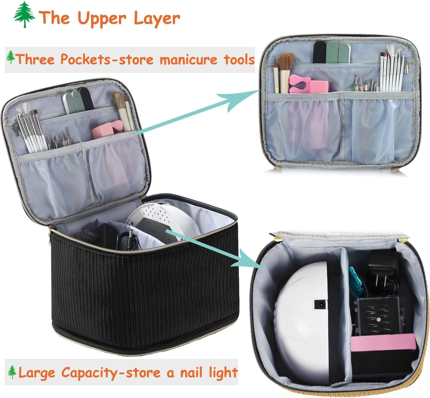 Corduroy Nail Polish Organizer and Nail Lamp Case, Nail Kit Organizer Holds 30 Bottles (15ml - 0.5 fl.oz) and a Nail Lamp, Nail Polish Carrying Case with Manicure Tools Storage Sections (Black)
